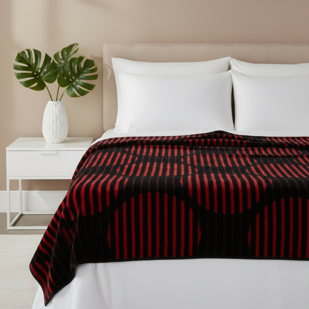 Black and Red Striped Blanket on Bed - Clean