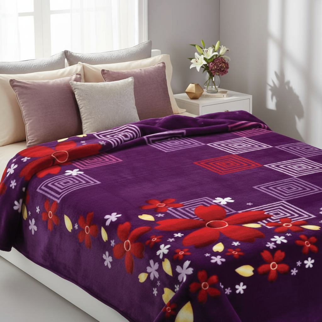 Lila Floral Blanket on Decorated Bed