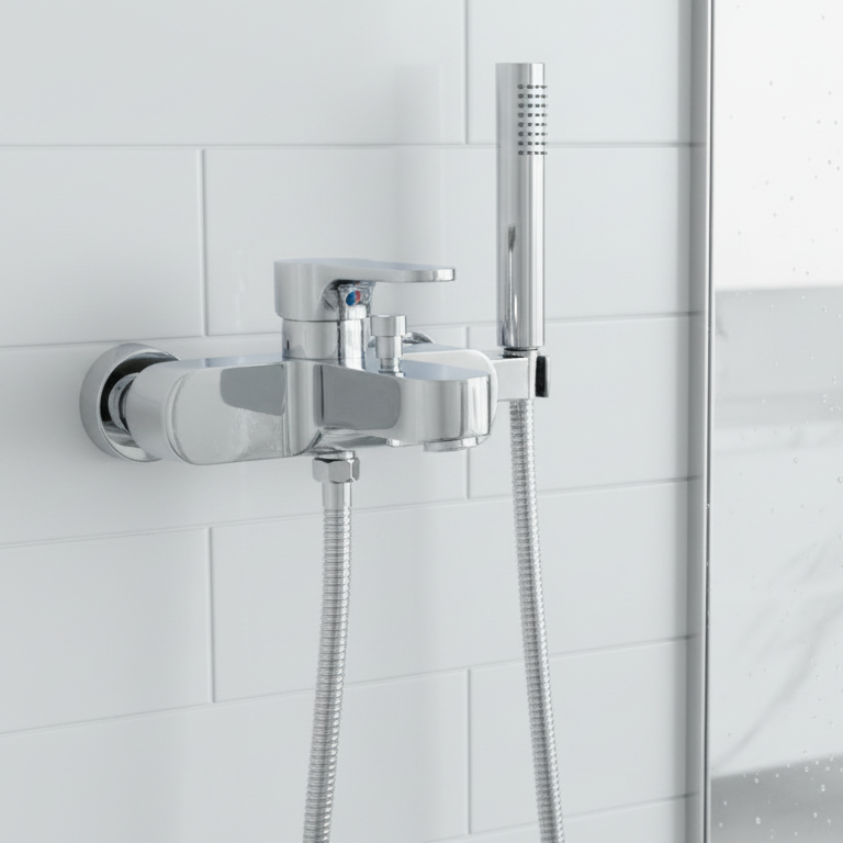 Modern shower mixer in glass enclosure
