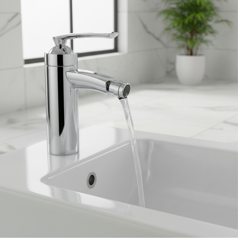 Modern chrome bidet faucet with flowing water