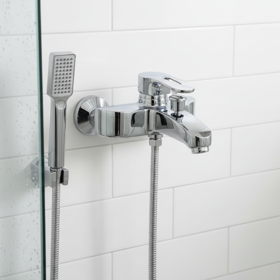 Modern curved shower mixer in glass enclosure