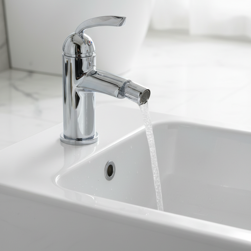 Elegant sculptural chrome bidet faucet with flowing water