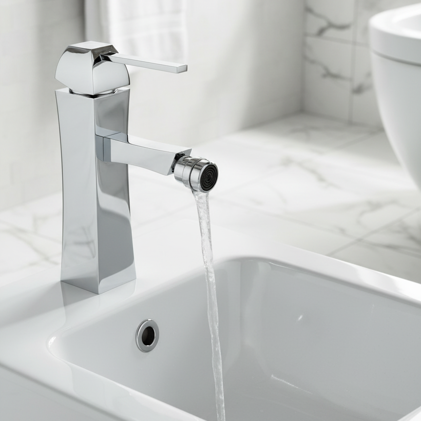 Modern geometric chrome bidet faucet with flowing water