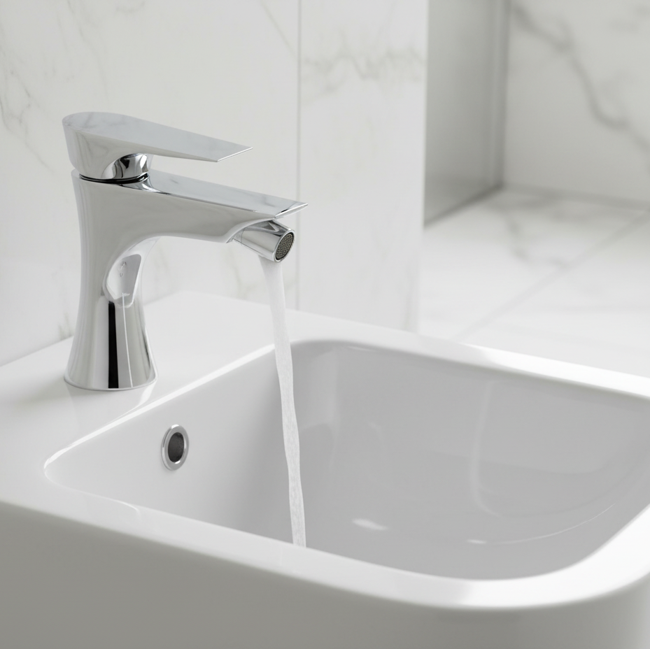 Elegant hourglass chrome bidet faucet with flowing water