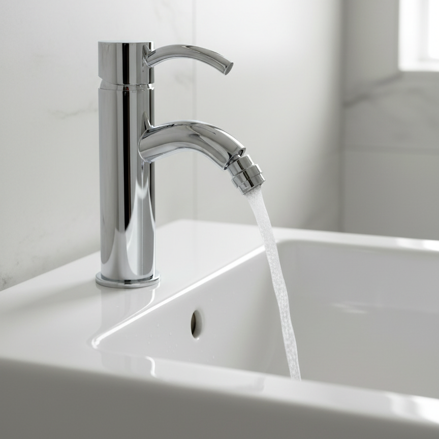 Sleek dual-spout chrome bidet faucet with flowing water