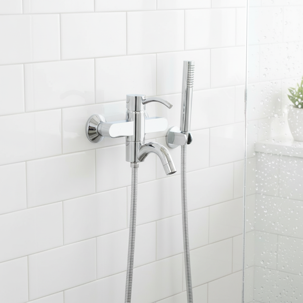 Modern cylindrical shower mixer with curved spout in glass enclosure