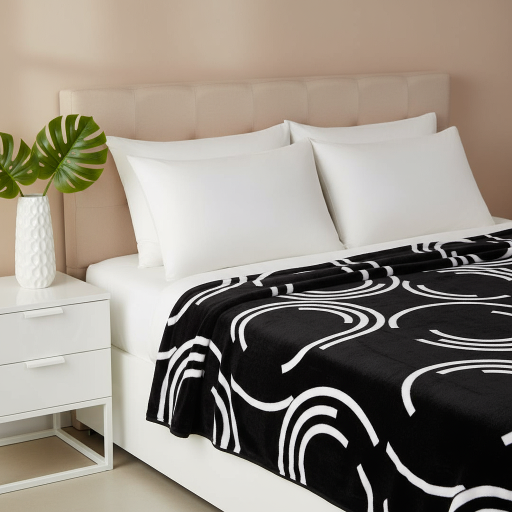 Black and White Geometric Belpla Blanket on Bed