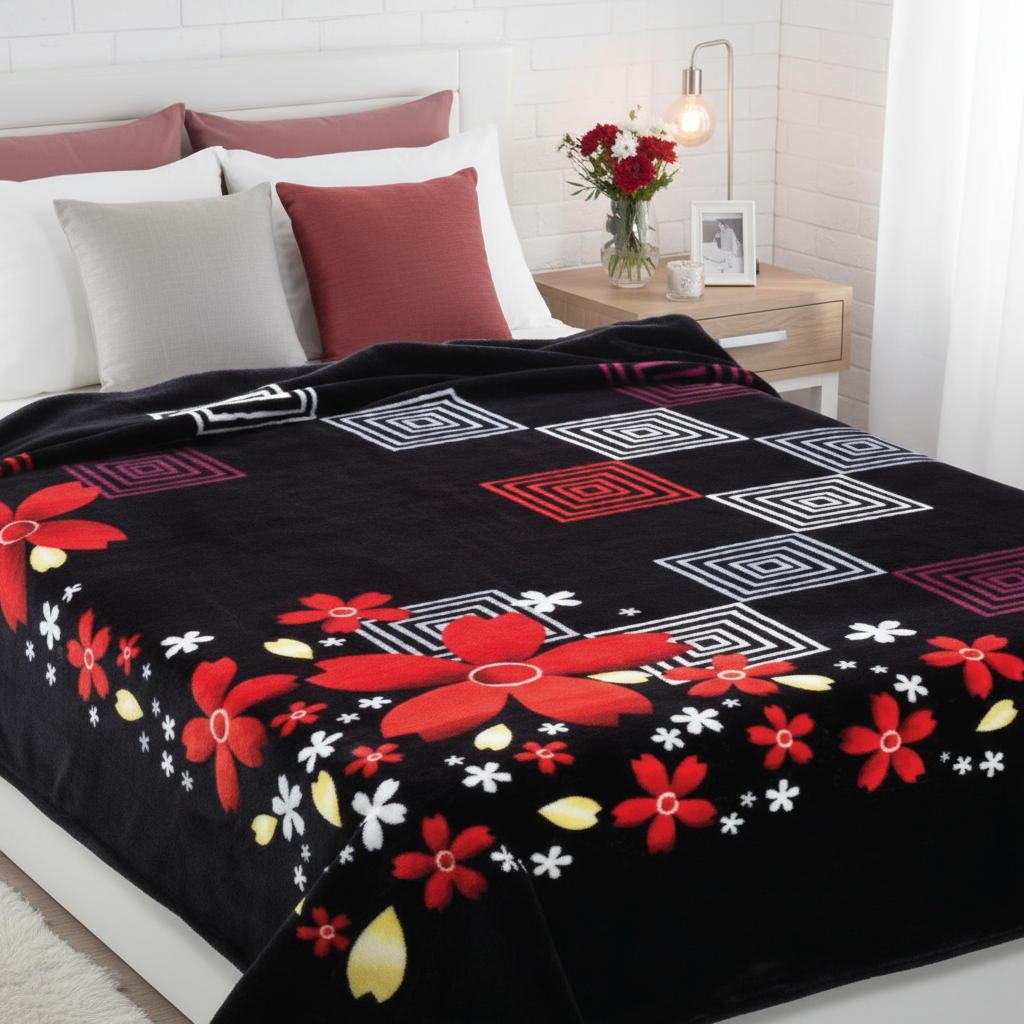 Black Floral Blanket on Decorated Bed