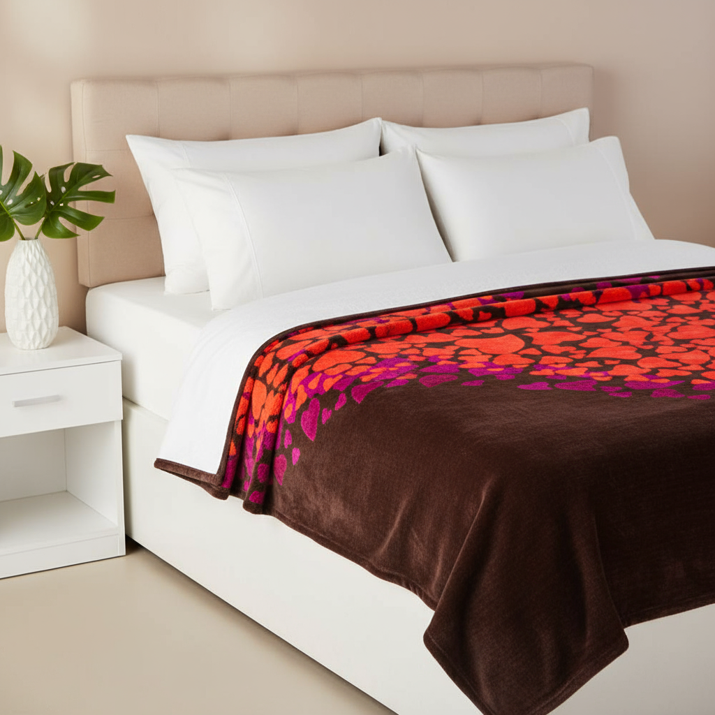 Brown and Red Hearts Belpla Blanket on Bed