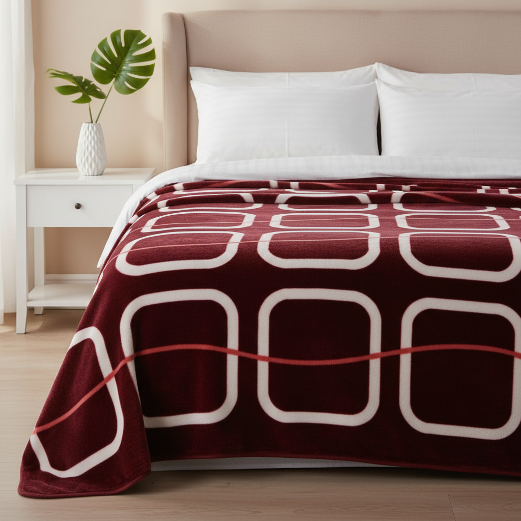 Burgundy Blanket on Bed with Pillows and Side Table