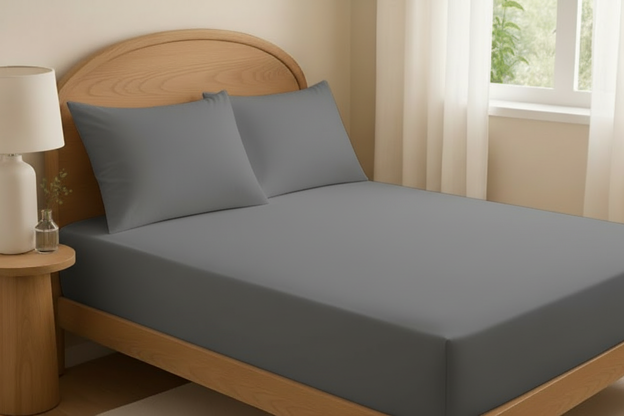 Gray fitted bed sheet with 2 pillow covers