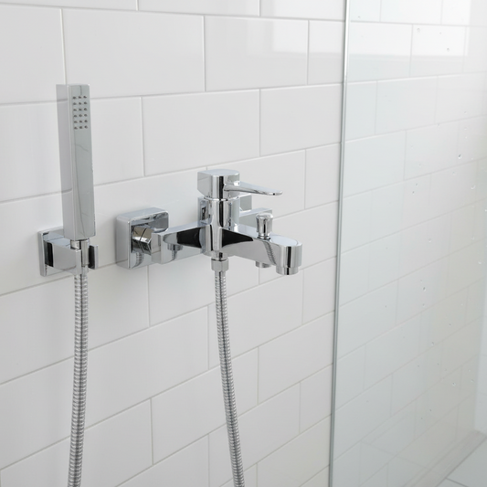 Modern shower mixer in glass enclosure