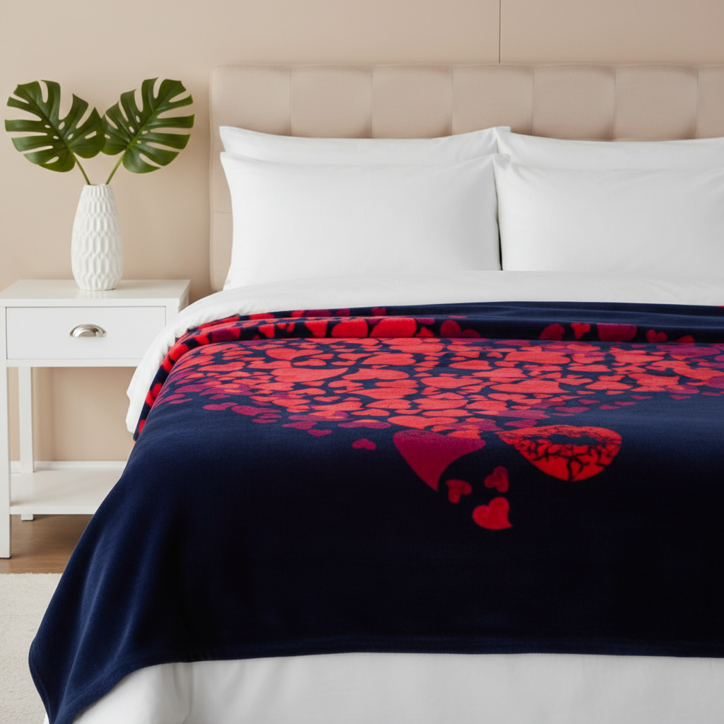 Navy Blue and Red Hearts Belpla Blanket on Bed