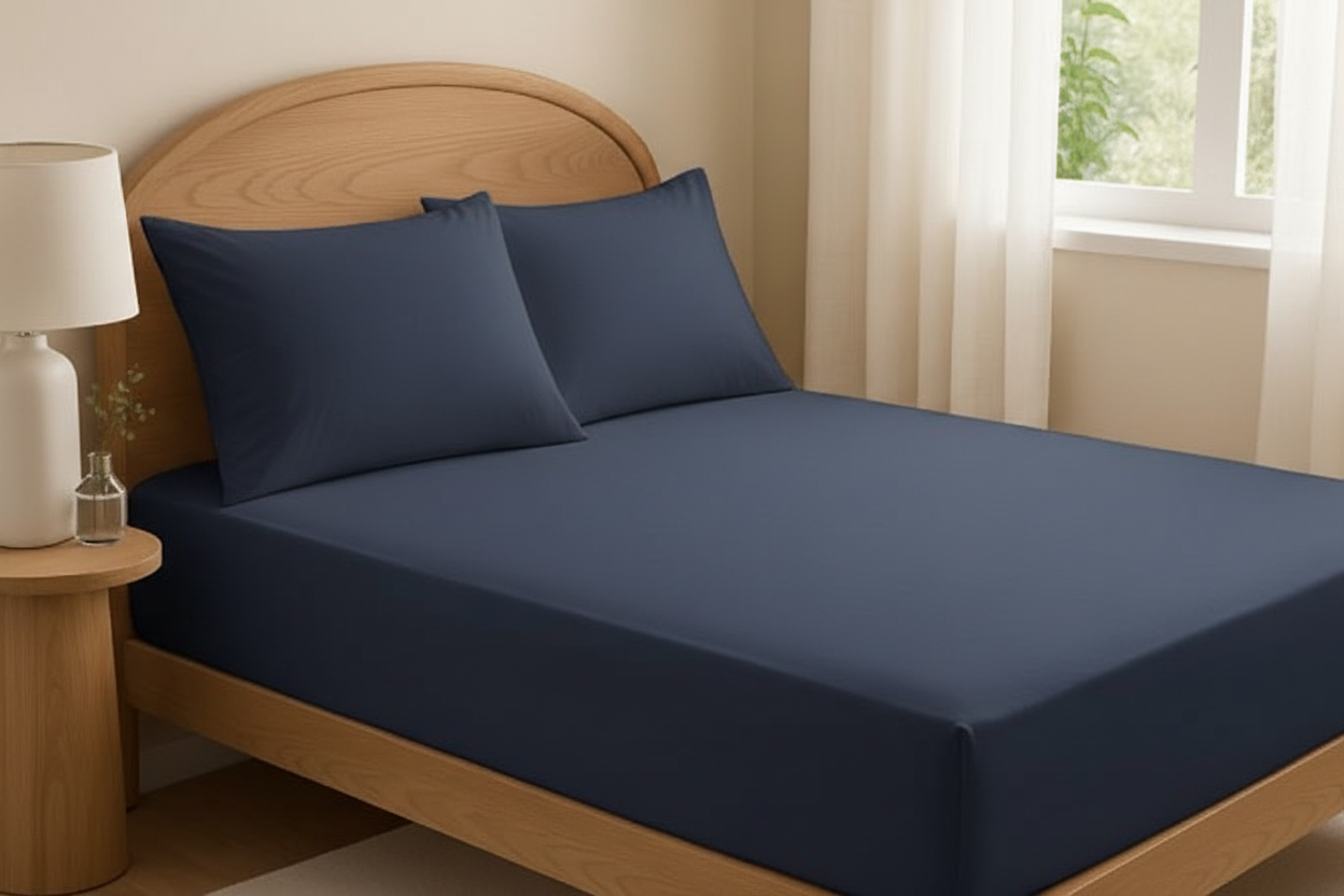 Navy blue fitted bed sheet with 2 pillow covers