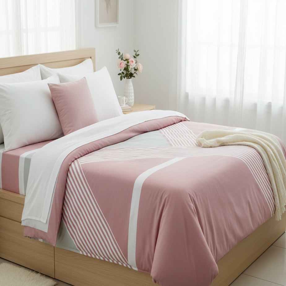 Pink striped bed sheets on styled bed