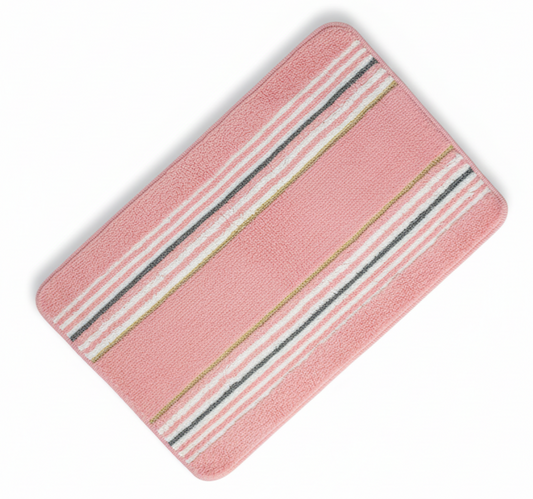 Professional pink striped bath mat at diagonal angle