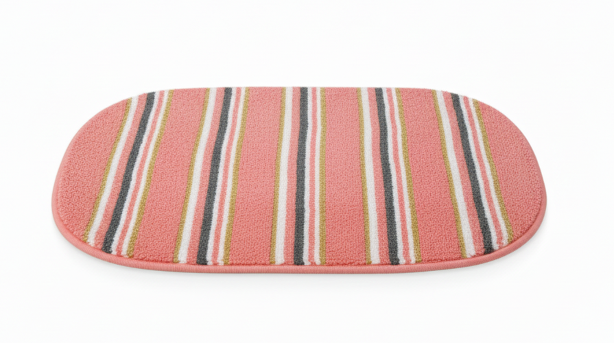 Professional pink striped oval bathroom mat