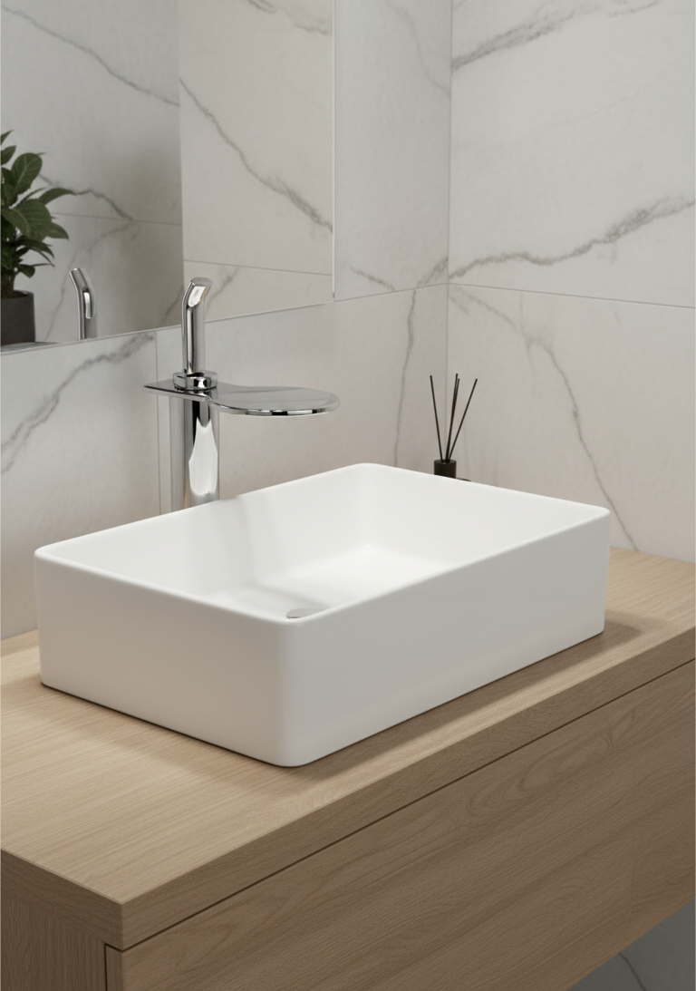 Professional waterfall faucet on full basin with elegant background