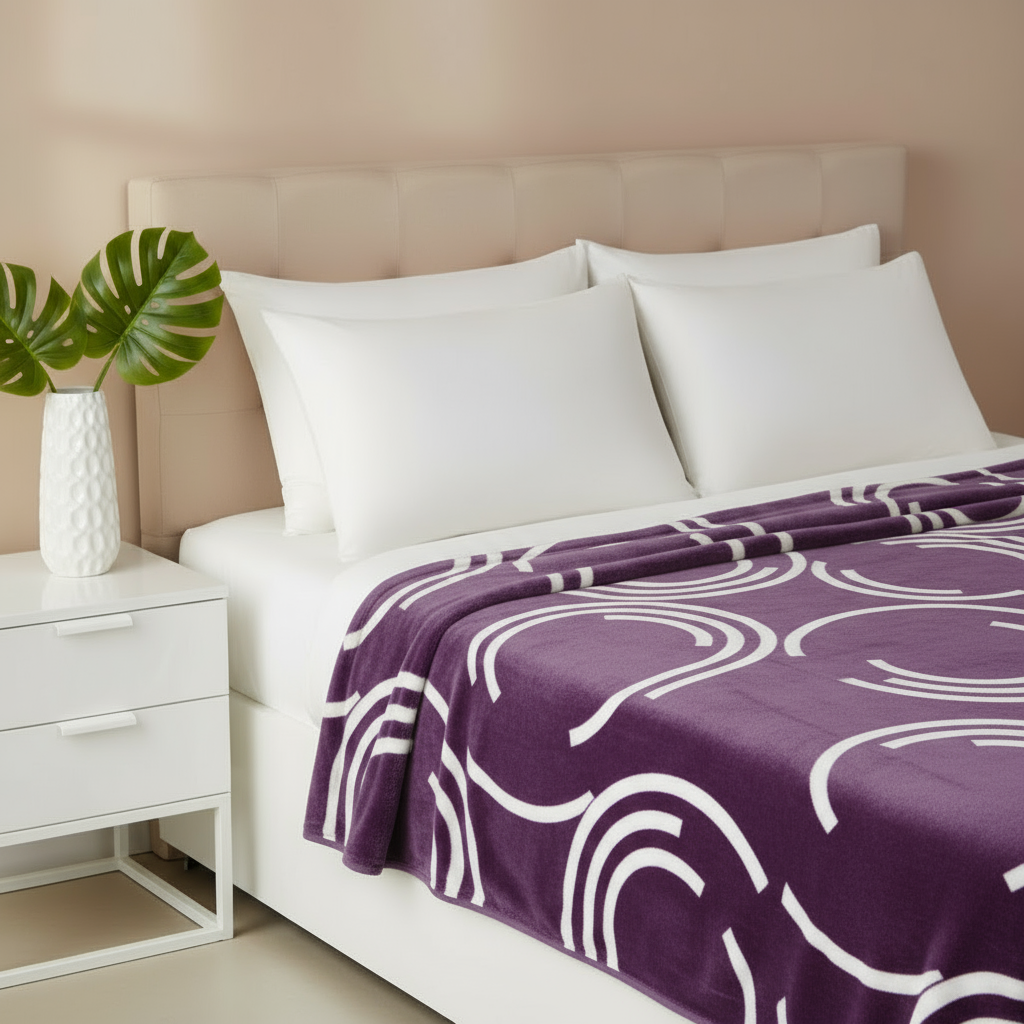 Purple #A865B5 and White Geometric Belpla Blanket on Bed