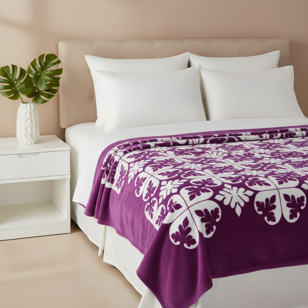 Purple #C46FE8 and White Floral Belpla Blanket on Bed