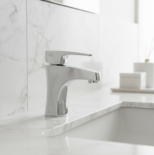 Sleek angular chrome faucet lifestyle image