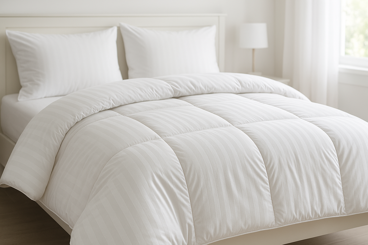 White duvet with white satin stripes on a bed